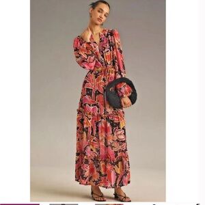 Farm Rio x Anthropologie Pink Tropical Floral Maxi Dress Long Sleeve M